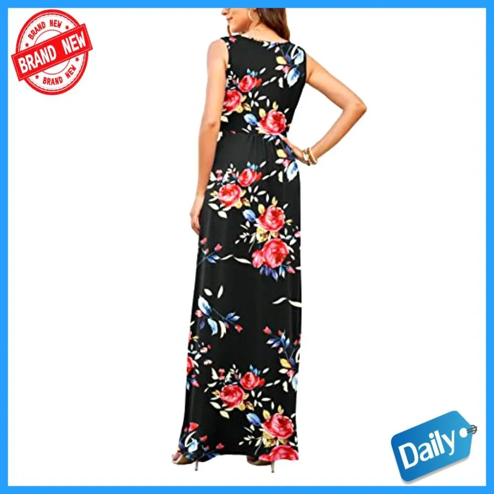 Sleeveless Maxi Dress with Pockets, V-Neck, Wrap Style, Loose Fit - Picture 3 of 7